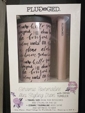 PLUGGED Ceramic Tourmaline Mini Styling Straightener Iron & Pink Drink Tumbler